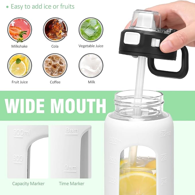 Kodrine 32 oz Glass Water Bottle with Straw and Carry Loop, One-Touch Leakproof Locking Lid, Reusable Drinking Bottle with Time Marker for Travel Home Gym Sports (White)