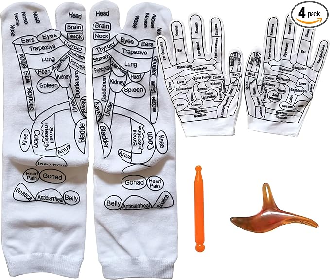 Reflexology Socks with Acupressure Massage Tools for Men and Women | Foot Pain Relief, Home Massage Therapy, Unisex Gift Idea Set of 4 (Black, Middle(7-8))