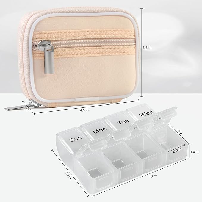 2 Packs Weekly Travel Pill Organizer for Purse with Removable 7 Day Pill Box Premium Neoprene Pill Container for Travel Purse Accessory, Vitamin, Supplement, Small Pieces Arrangement-Black and Cream