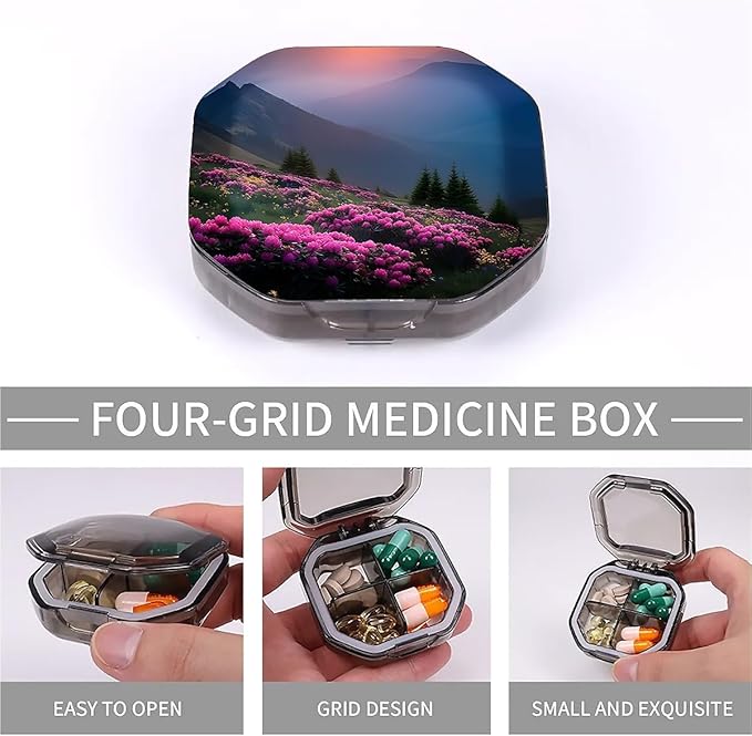 This Portable Pink Rhododendron Sunset Pattern 4-Compartment Pillbox Can Be Placed in A Pocket Or Wallet to Store Vitamins, Medicines Fish Oil Health Supplements Other Medications.