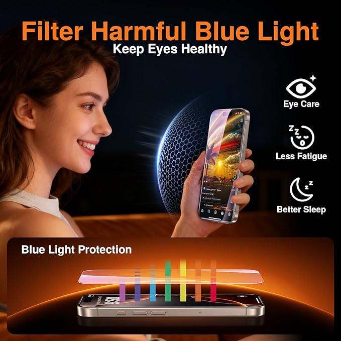 SMARTDEVIL 2 Pack for iPhone 16 Pro Screen Protector (Anti-Blue Light) - Eye Protection, 9H+ High-Aluminosilicate Glass, HD Clear & Bubble-Free, Easy Installation