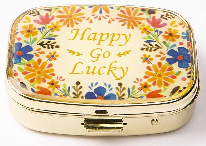 AmyZone Metal Pill Organizer Travel Friendly Portable Compact Pill Box Cute Pill Case to Hold Vitamins/Tylenol/Fish Oil/Supplements/Meds/Tablet for Purse/Pocket(Happy Go Lucky)