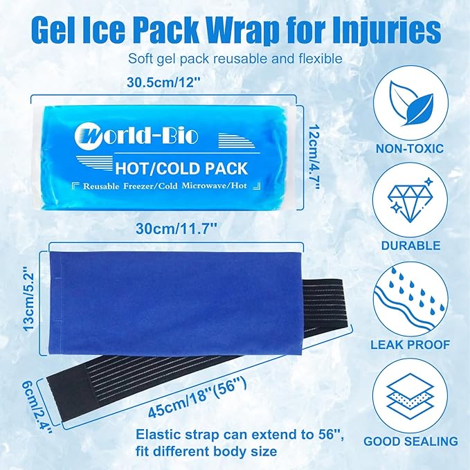 Soft Gel Ice Pack for Injuries Reusable, Flexible Hot Cold Pack for Forehead Neck Head Knee Ankle Wrist Elbow, Medical Cold Pack for First Aid, Migraines (12'' X 4.7''- 1 Ice Pack & Wrap)