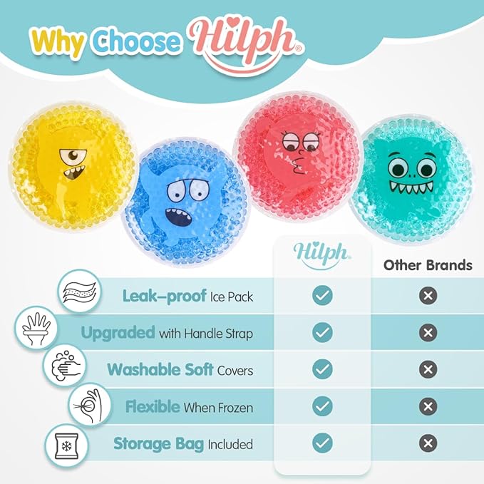 Hilph Small Ice Packs for Injuries Reusable, 4 Round Cute Soft Ice Packs with 1 Sleeve with Strap for Injuries, Hot Cold Therapy for Pain Relief, Bump, Bruise, First Aid