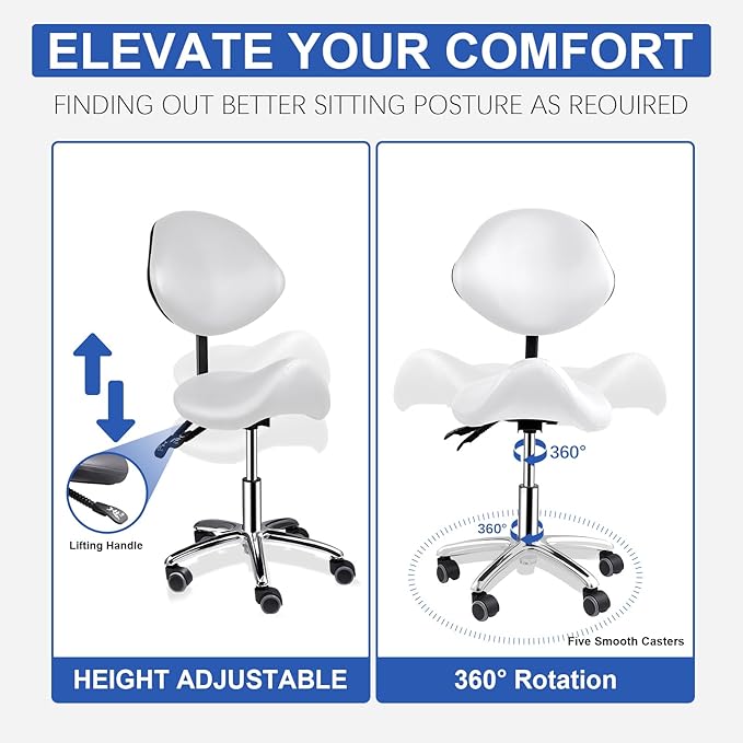 Upgrade Saddle Stool with Back Support, 400lbs Adjustable Salon with Wheels, Wide Thick Seat Padding, Ergonomic Esthetician Seat for Home Office Salon Shop Dentist Clinic, for People 5 Ft To6 Ft Tall