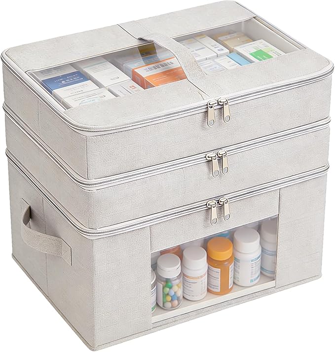 3-Tier Medicine Cabinet Organizer, Foldable Medicine Storage Box with Clear Cover and Handle, Fabric Multipurpose Medicine Organizer Box for First Aid, Home and Travel