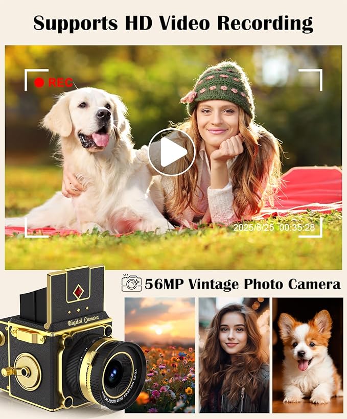2.7K Digital Camera, Portable Vintage Digital Camera for Vlogging, Retro Cameras for Photography, Compact Point and Shoot Digital Camera for Teens, Kids & Beginners, Digital Video Camera Black