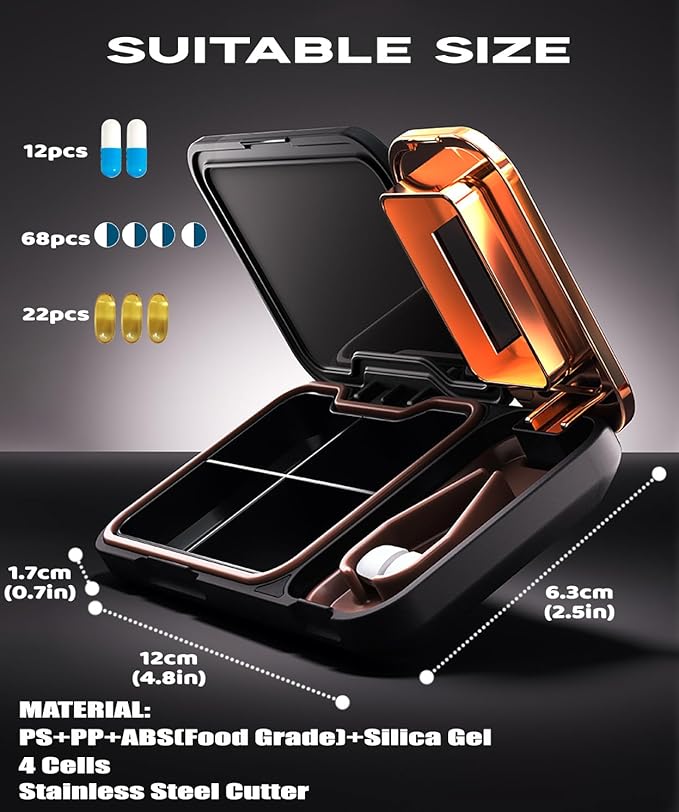 MURRI&MURRDI Mini Pill Storage Organizer with Splitter, Portable Tablet Crusher for Purse Pocket, Pill Cutter for Small Tiny or Large Pills, Medicine Case 4 Cells Vitamin Dispenser Holder, Black