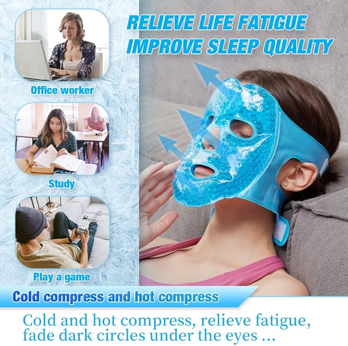 WORLD-BIO Reusable Ice Face Mask & Cooling Eye Mask - Cold Therapy Gel Pack for Puffy Eyes, Dark Circles Relief, Headache & Migraine Soothing - 3 Pcs Set with Adjustable Strap & Freezable Gel