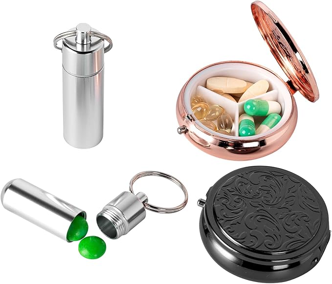 Pill Box 3 Compartment Pockets or Wallet Pill Case (2 Pieces) with Waterproof Keychain Portable Medicine Box (2 Pieces) - Small Travel Daily Vitamin Tissue Metal Pill Box (Black+Rose+Silver)
