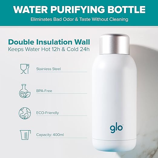 Glo - UV Water Smart Bottle | Eliminates Bad Odor and Taste | Double Insulation Stainless Steel BPA Free 400ml | Keeps Water Hot 12h and Cold 24h | Perfect for Camping Hiking Cycling and Survival