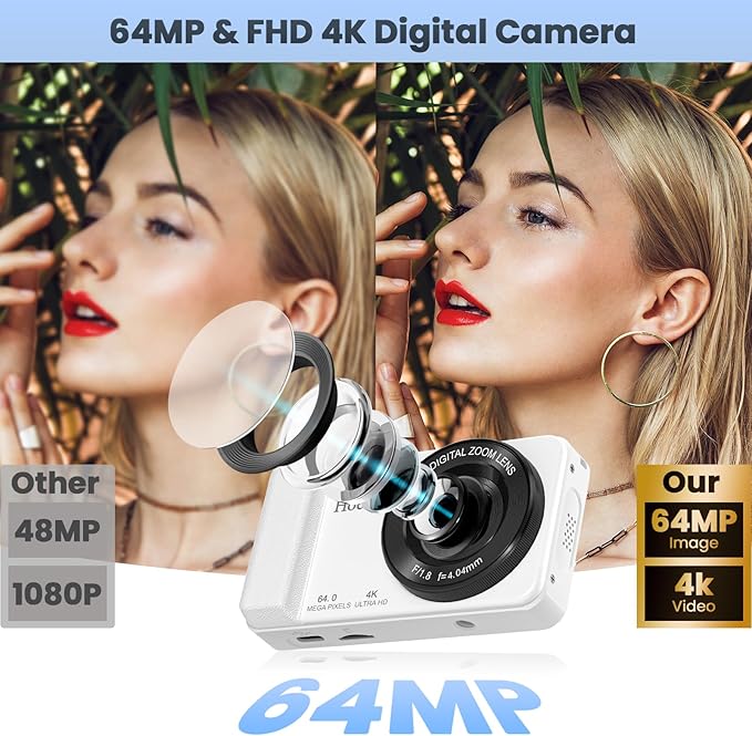 64MP 4K Digital Camera, Hoestr 18X Zoom Autofocus Point and Shoot Compact Camera with 64GB TF Card, Flash, 2.8" LCD Screen for Teens Adult Beginner Travel Photography Vlogging（White）