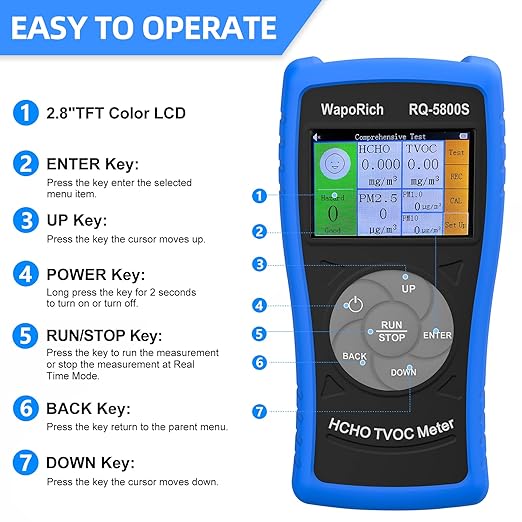 Air Quality Monitor PM2.5 PM10 Particle Counter, 4-in-1 Formaldehyde Detector for HCHO, TVOC, Indoor Air Quality Tester with Alarm, Rechargeable for Home, Office, Industrial Use - RQ-5800S