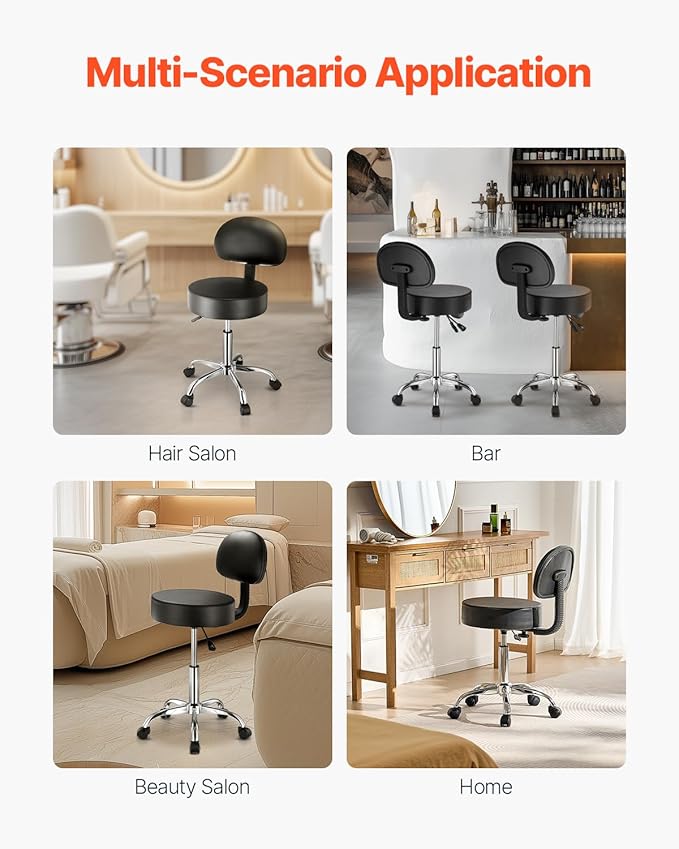VEVOR 450 LBS Weight Capacity Round Rolling Stool Chair, Height Adjustable Thickened PU Leather Swivel Stool for Salon, Spa, Massage, Tattoo, Clinic, Black