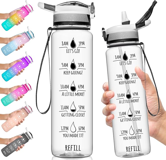 NatureWorks HydroMATE 32 oz Water Bottle with Time Markings Hourly BPA Free Reusable Leak Proof with Straw and Carrying Strap 1 Liter