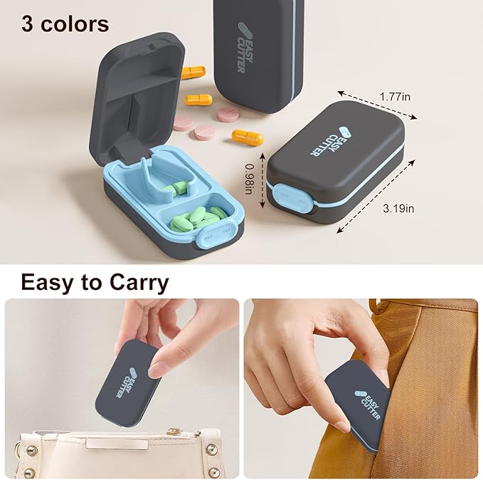 Pill Cutter & Organizer - 3-25mm Adjustable Blades | Splinter-Free Cutting | Detachable Washable Compartment Pill Splitter for Small or Large Pills Gray