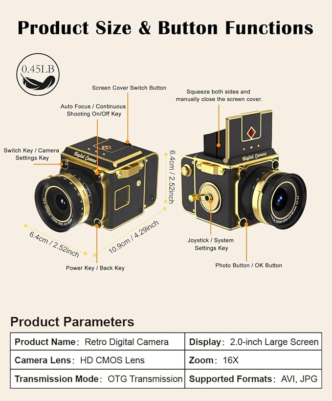 2.7K Digital Camera, Portable Vintage Digital Camera for Vlogging, Retro Cameras for Photography, Compact Point and Shoot Digital Camera for Teens, Kids & Beginners, Digital Video Camera Black