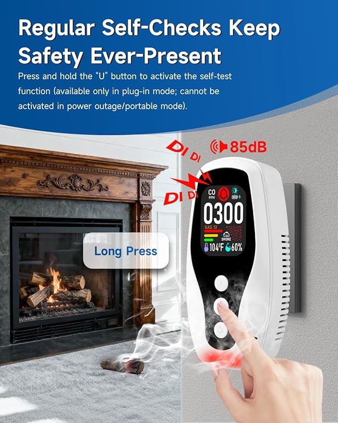 5-in-1 Smoke ＆ Carbon Monoxide Detector, Plug in Natural Gas Leak Detector with Battery Backup, CO ＆ Smoke Alarm with Temp & Humidity, CO Gas Detector Monitor for Home/RV/Hotel/Travel