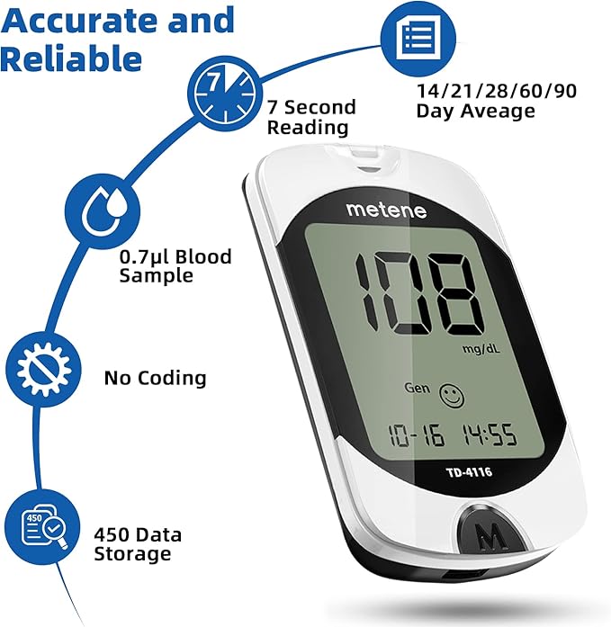 Metene TD-4116 Blood Glucose Monitor Kit & Metene Twist Top Lancets for Lancing Devices