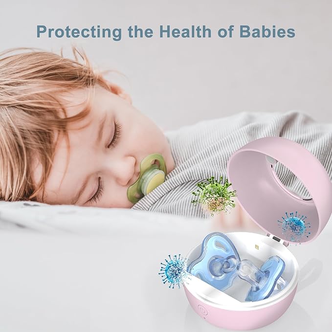 Upgraded Portable Pacifier Sanitizer, UV Light Sanitizer Box, 99.99% Cleaned in 3 Minutes, 90 Disinfection Cycles, USB Rechargeable, Baby Pacifier Sanitizer On the Go (Large Pink)