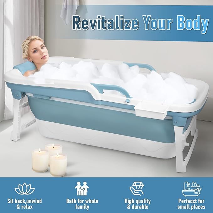 51" Portable Bathtub for Adult,Foldable Tub with Handle,Ergonomic Headrest,Soaking Tub,No Lid,Large Collapsible Bathtub for Shower Ice Bath,Hot Bath,Home Sauna, Sweat Steaming (Blue, 130 cm)