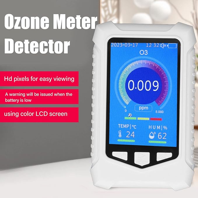 Ozone Meter Detector, Portable Handheld Colorful USB Charging Sensitive Air Quality Pollution Monitor Built in Electrochemical Sensors, Temperature and Humidity Sensors