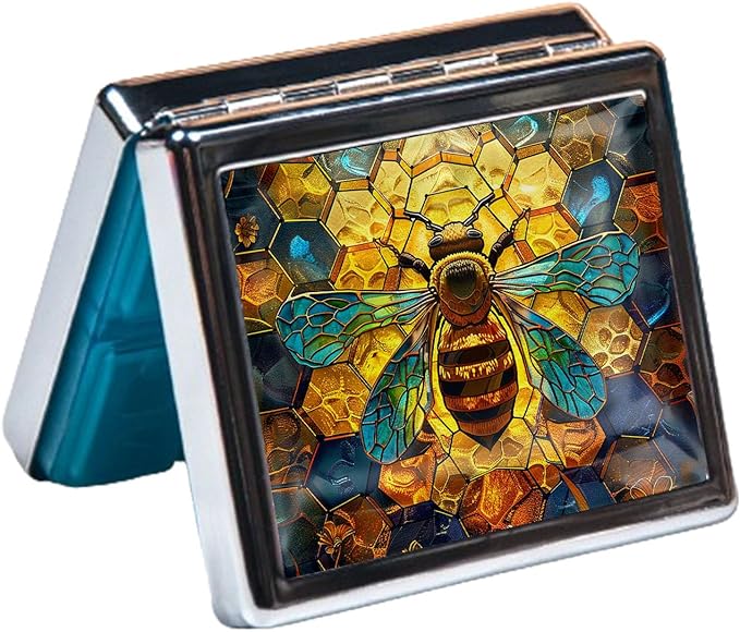 Silver Vintage Pill Box 7 Day Metal Pill Box with Mirror and 8 Compartments Cute Travel Pill Organizer for Purse,Compact Portable Pill Organizer (Bees)