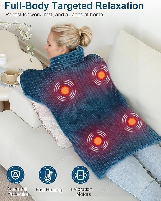 Dowin Heating Pads for Back Pain Relief,Wearable Electric Heating Pad with Massager, 24"x35" Extra Large Heated Pad for Neck and Shoulders Cramps,Auto-Shut Off,Machine Washable (Teal)