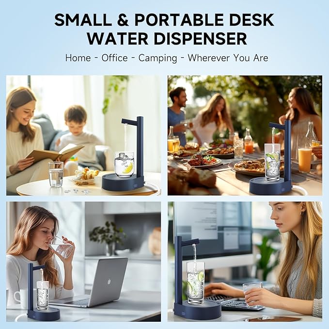 Water Dispenser for 5 Gallon Bottle – Desktop Electric Water Pump with USB-C Fast Charging, Portable 5 Gallon Water Jug Dispenser for Home, Office, Bedside & Countertop(Navy Blue)