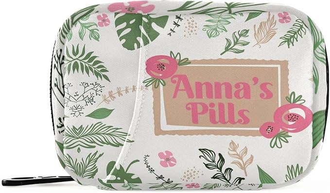 Custom Pill Box 7 Day Pill Case Bag Leaves Flowers Personalized Name Travel Pill Organizer Bag with Zipper Portable Weekly Case Compact Size for Vitamin Supplement Holder