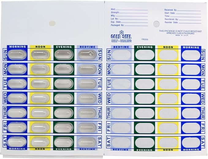 Medi-Aid 4 Times a Day Weekly Cold Seal Medication Blister Pack System Cards - One Piece Unit Dose Book Fold, Easy No Extra Equipment Needed, Just Fill and Seal, 24 Compartments, 6 Pack