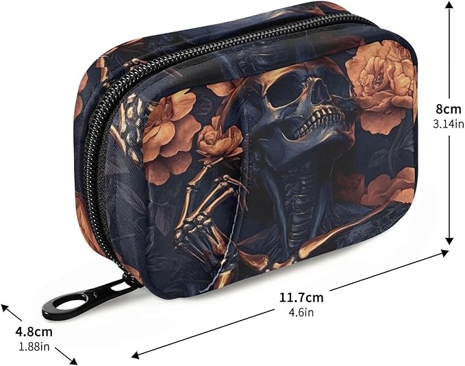 Pill Organizer Case Bronze Skull Print, Pill Box 7 Days Portable Weekly Pill Purse Pouch