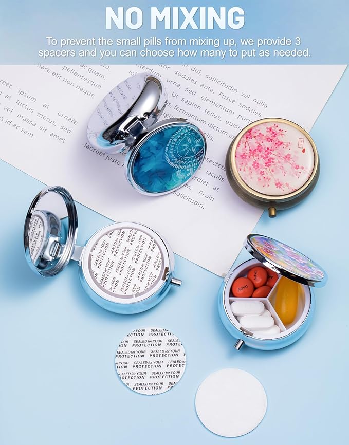 Mini Pill Box for Purse, Vintage Pill Case for Medicine Fish Oils Vitamins, Cute Small Metal Pill Holder Case Container for Purse, Pocket, Travel
