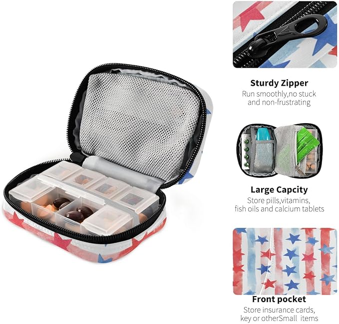 July 4th Stripes Stars White Travel Pill Organizer Case Box Container Weekly Portable Vitamin Medicine Holder Storage Bag with Zipper Removable