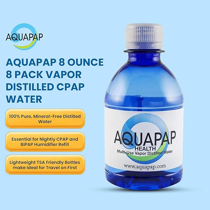 AQUAPAP 8 Ounce 8 Pack Vapor Distilled CPAP Water | for use with Resmed and Respironics Machines