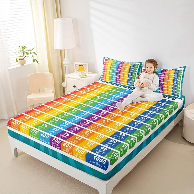 Feelyou Kids Educational Fitted Sheet Full Size, Counting Numbers Bedding Set Math Learning Bed Sheet Set Boys Girls Preschool Teens Bedroom Decor 3Pcs (No TOP Sheet)