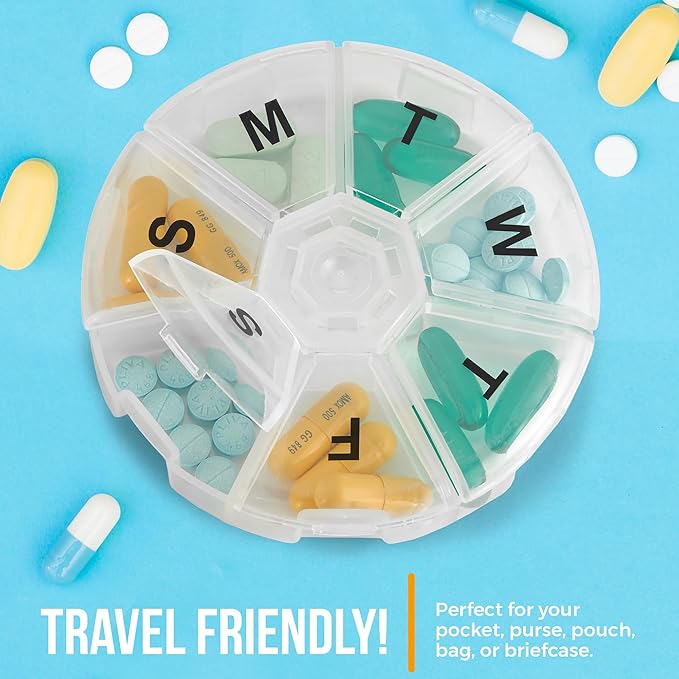 Large Weekly Pill Organizer - (Pack of 4) Daily Pill Cases, Round Pill Organizer 7 Day Container, Medicine Planner, Pill Reminder, BPA-Free for Pills Vitamins, Supplements, and Fish Oils