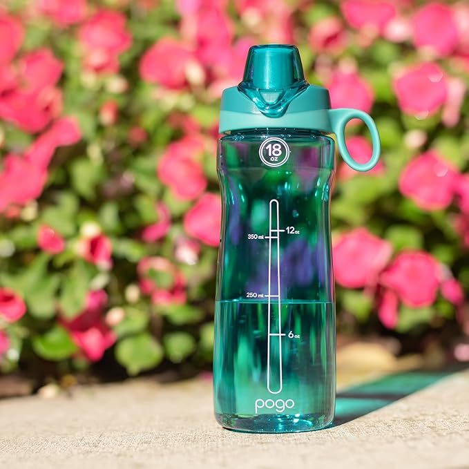 Pogo 18oz Plastic Water Bottle with Straw Lid with Carry Handle, Reusable, BPA Free, Dishwasher Safe, Perfect for Travel, School, Outdoors, and Gym
