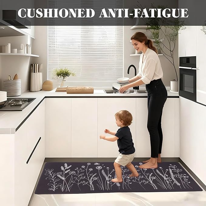 Mirok Washable Anti Fatigue Mat for Cushioned Floor Mat,Floral Plants Bee Non-Skid Ergonomic Comfort Foam Rugs,Non Slip Kitchen Rug(Flowers/Grass,17"x47")