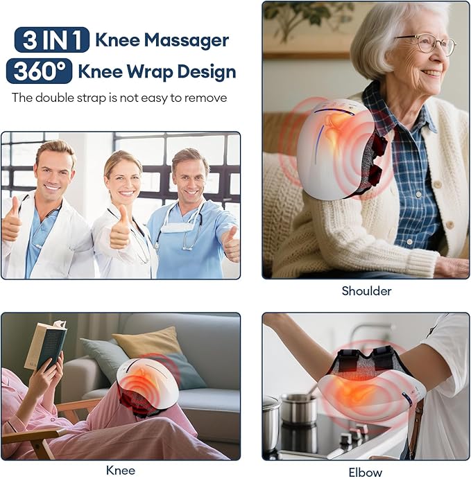 IeBilif Cordless Knee Massager with Heat, 5 Vibration Modes & 3 Heating Levels, 6 Silicone Massage Heads, Adjustable Double Straps, Portable Heated Knee Massager Gifts for Men, Women