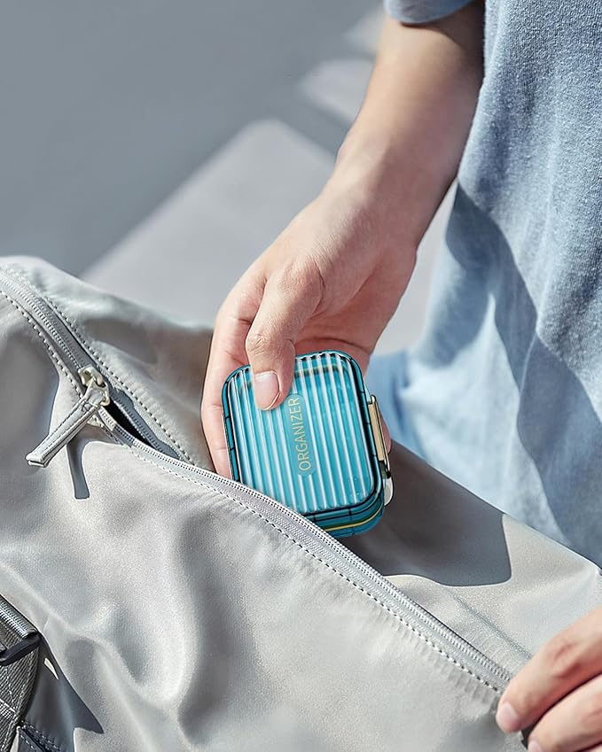 Small Pill Box, Travel Pill Case, Acedada Daily Pill Container for Purse Pocket, Moistureproof 7 Compartments Pill Holder, Stylish Portable Medicine Vitamin Organizer for Supplements Fish Oils, Blue