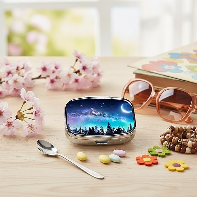 Square Pill Case Small Pill Box with Mirror Pocket 2 Compartment Vitamin Pill Medicine Case Organizer Pill Containers for Traveling Starry Sky Coniferous Forest Moon