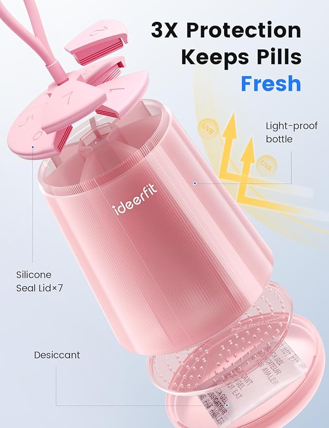 Anti-Mixing Large Pill Dispenser with 7 Compartments, Moisture-Proof & Light-Blocking Pill Bottle Organizer for Vitamins and Supplements, with Color Labels (Pink)