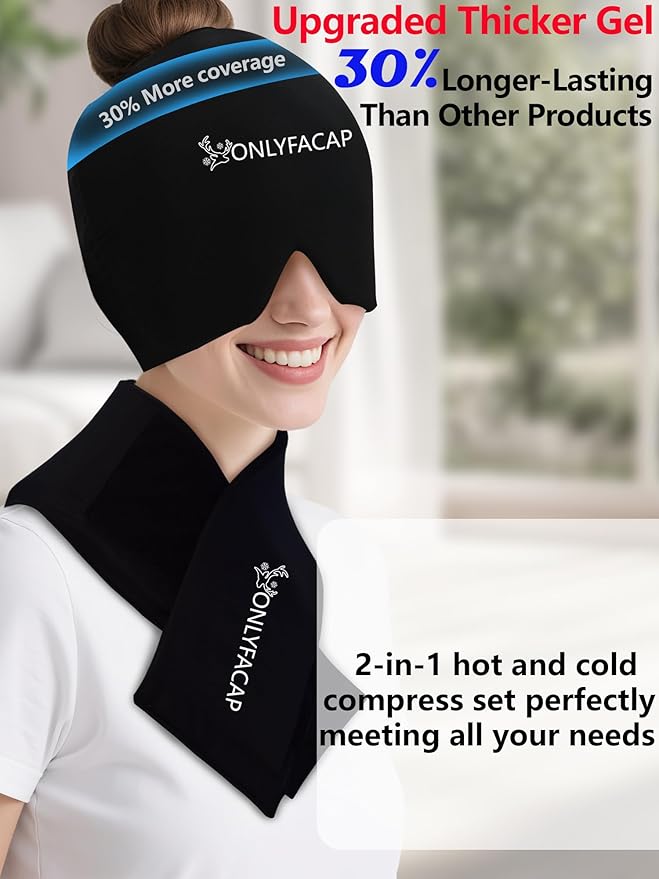 Migraine Relief Cap and Neck Ice Pack Set, Upgraded and Thickened Reusable Gel, Hot and Cold Compress Therapy for Neck and Headache Pain Relief, Hangover, Tension, Stress and Puffy Eyes