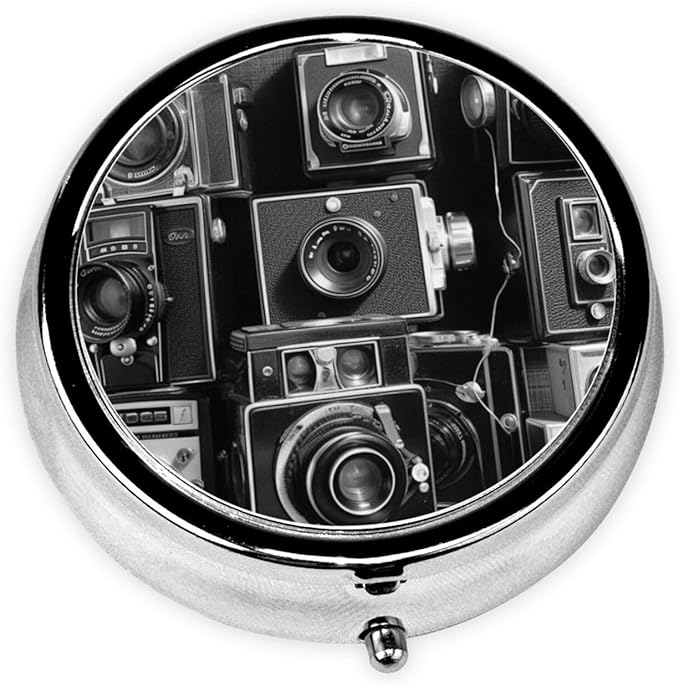 Pill Box 3 Compartment Medicine Pill Organizer Retro Cool Camera Collection Round Pill Case for Purse & Pocket Travel Pillbox Portable Metal Medicine Vitamin Fish Oil Organizer Unique Gift