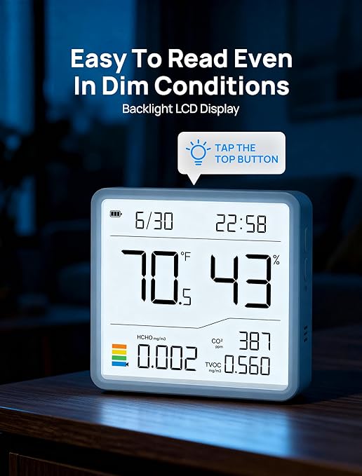 7-in-1 Air Quality Monitor Indoor, Air Analysis Apparatus, 5s Backlight Air Quality Meter for TVOC, HCHO, Temp, Hum, Temperature Humidity Monitor for Home, Office, Hotel