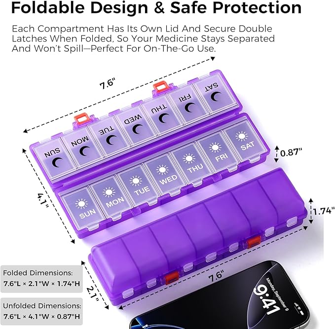Foldable Pill Organizer Weekly 2 Times a Day, 7 Day Portable AM PM Travel Pill Case with Black&White Labels, Dual-Protection Daily Medicine Box, Large Pill Holder for Vitamin/Supplement-Clear Purple