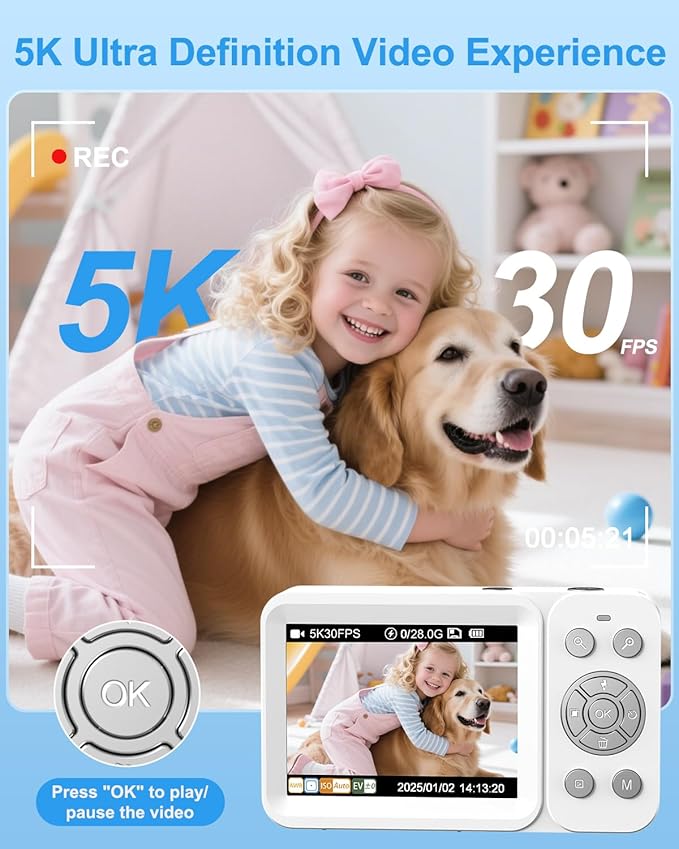 5K Digital Camera, 80MP Dual Screen Autofocus Vlogging Camera, 18X Zoom Point and Shoot Camera for Photography, Flash, 32GB Card, 2 Batteries, Compact Camera for Teens Adults (White)
