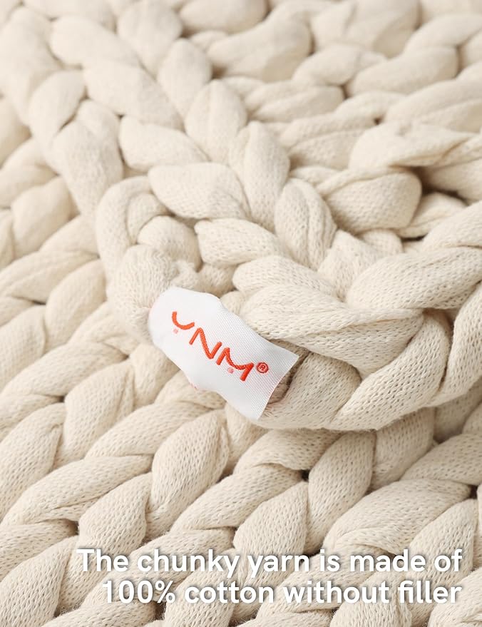 YnM Cotton Weighted Blanket, Handmade Chunky Knitted Design, Soft and Cozy, Temperature Regulating and Breathable, Machine Washable Throw for Sleep or Home Decor (Cream White, 48x72 Inch, 20lbs)