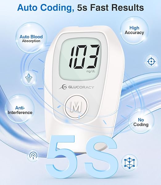 Glucoracy G-425 Glucose Monitor Kit, Blood Sugar Monitor with Glucose Meter, Lancing Device, 100 Test Strips and 100 Lancets, Blood sugar testing kit for Home Use, Diabetes Home Testing Kit